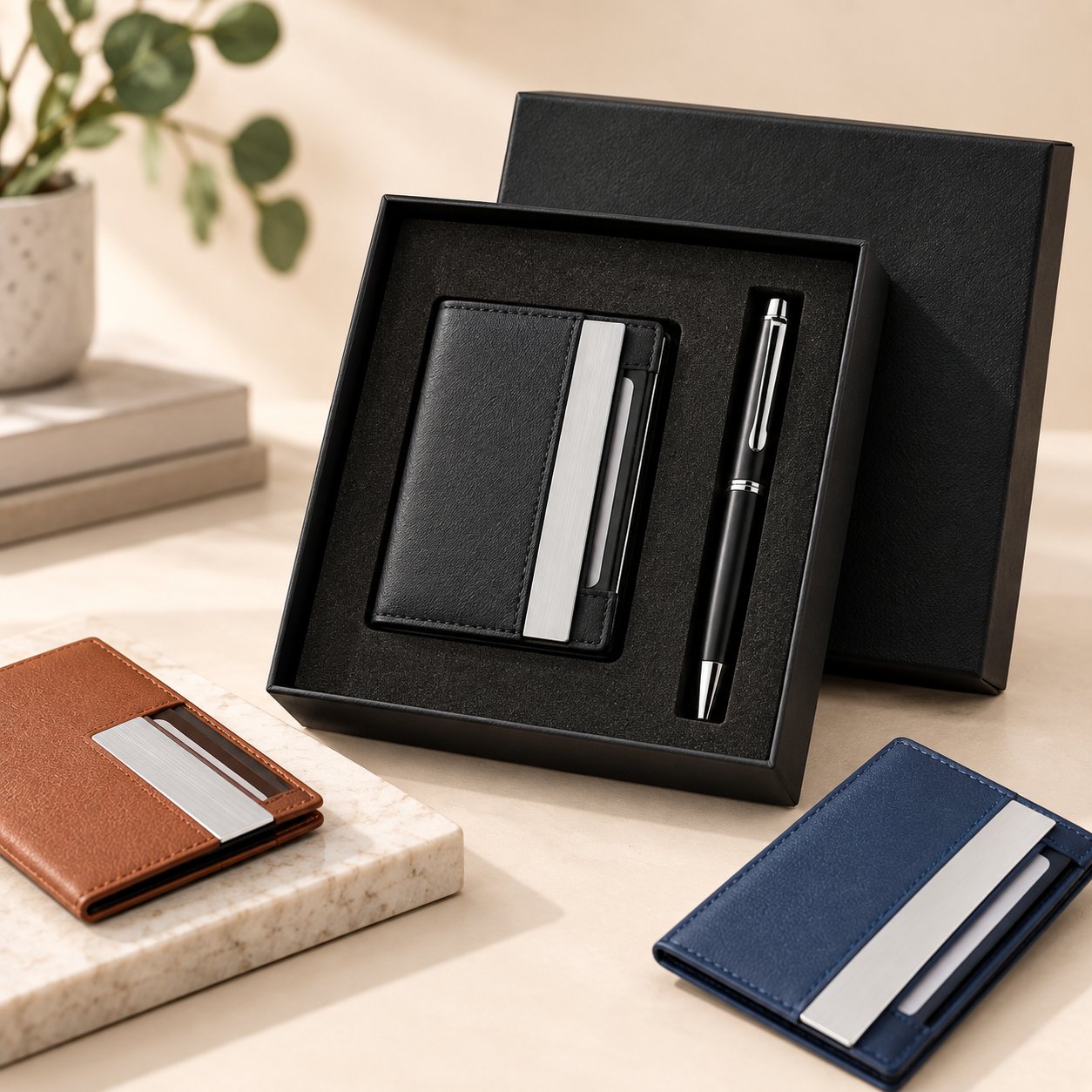 Premium cardholder and pen corporate gift set, boxed and ready for branding