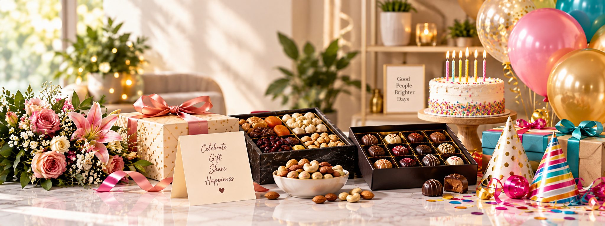 Curated celebration gift spread with fresh flowers, a nut and chocolate hamper and a birthday cake, styled for personal and team celebrations