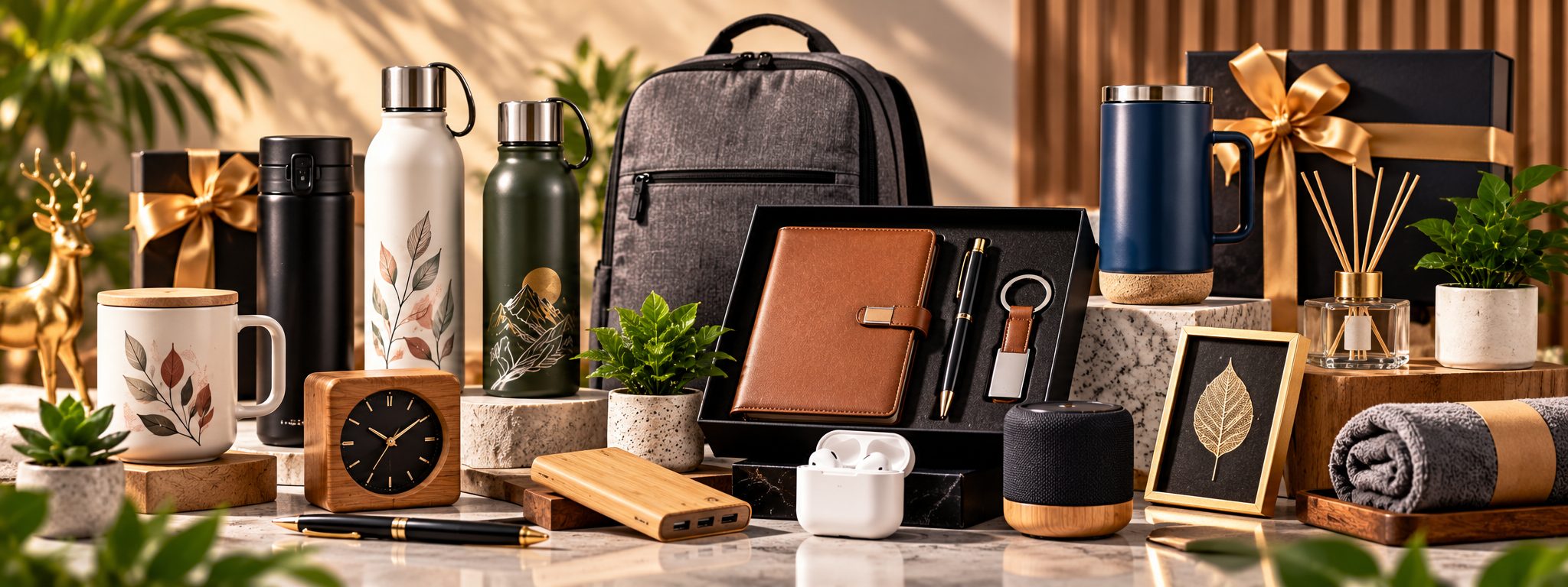 Branded notebook, pen, keychain, drinkware, speaker and backpack — a premium corporate essentials gift set
