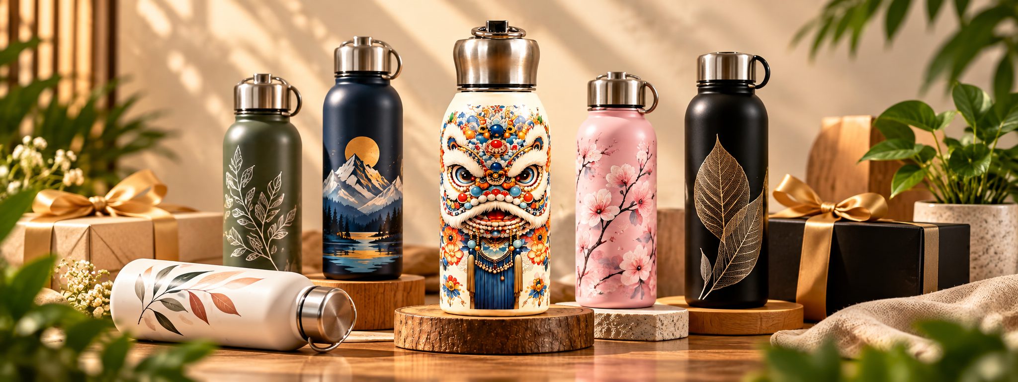 Collection of premium branded drinkware bottles, ready for custom design and logo printing